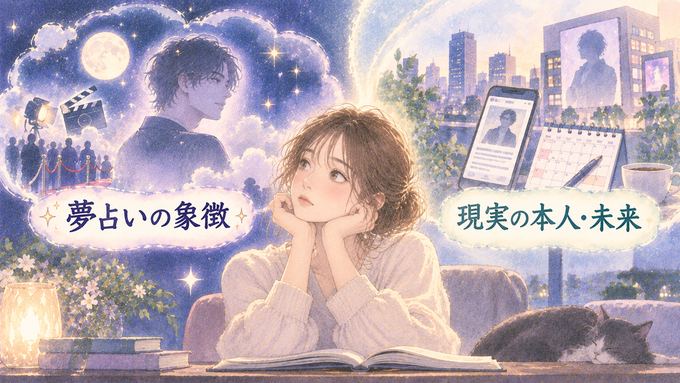 夢の象徴と現実の芸能人や未来を分けて考える女性の図