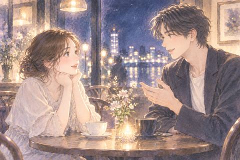 静かな夜のカフェで芸能人風の人物と話す女性