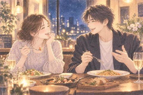 芸能人風の人物と食卓を囲み楽しく過ごす女性