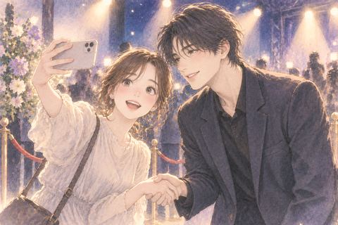 芸能人風の人物と記念写真を撮ろうとする女性