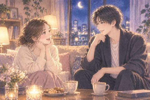 夜のリビングで芸能人風の人物と向かい合う女性