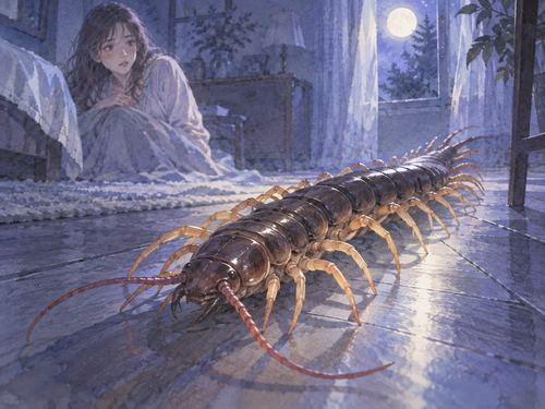 月明かりの床を這う大きなムカデ