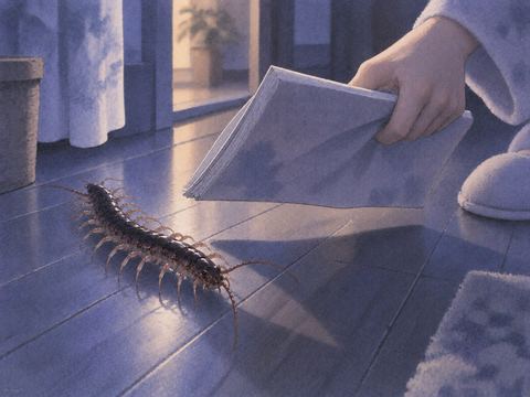 黒いムカデに対処しようとする夜の夢の場面