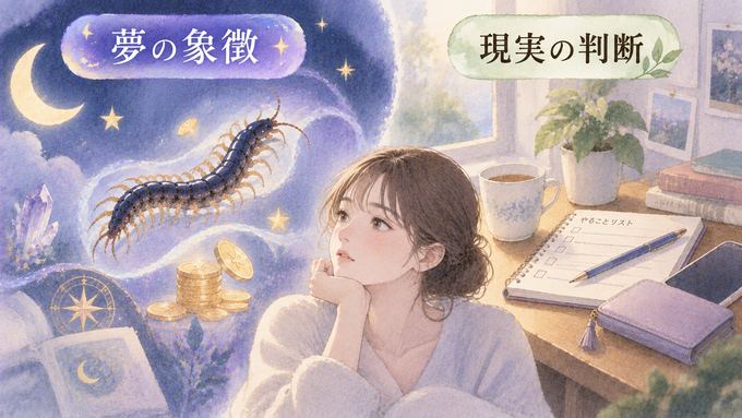 ムカデの夢の象徴と現実の判断を分けて示す図解