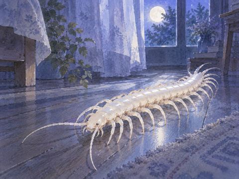 青い夜の床を這う白いムカデ