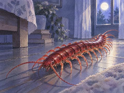 夜の床を這う鮮やかな赤いムカデ