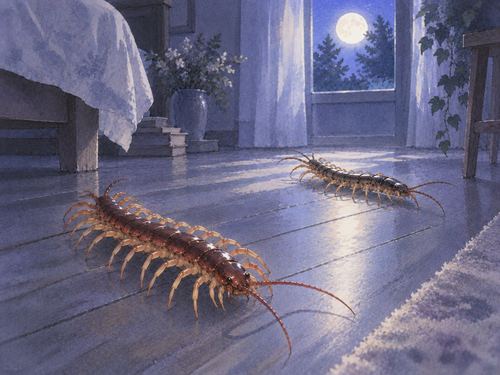 夜の床を別々の方向へ這う2匹のムカデ
