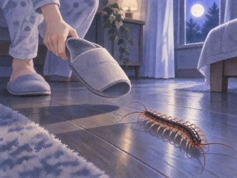 夜の室内でムカデに対処しようとする手元