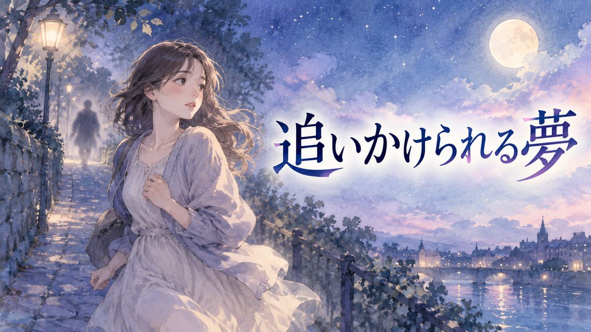 月明かりの夜道で後ろを気にする大人の女性と遠くの人影