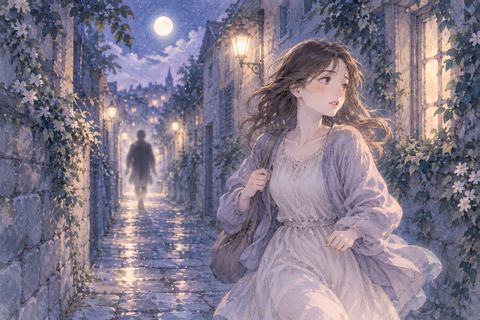 夜の路地で顔の見えない人影を振り返りながら離れる人物