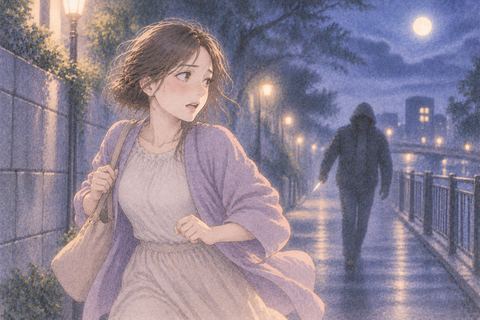 夜道で小さな刃物を持つ人影から離れる人物