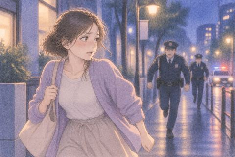 夜の街で警察官から距離を取る人物