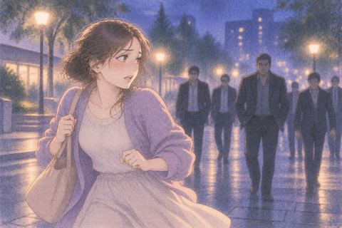 夜の広場で複数の人影から距離を取る人物