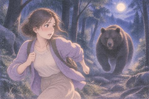 夜の森で大きな熊から距離を取りながら逃げる人物