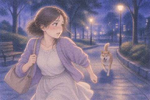 夜の公園で犬に追われながら振り返る人物