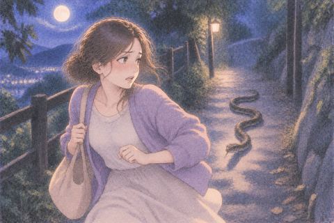 月明かりの道で蛇から離れようとする人物