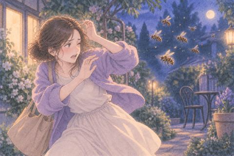夜の庭で数匹の蜂から離れようとする人物