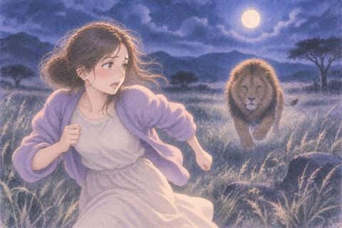 夜の草原で大型の肉食獣から逃げる人物