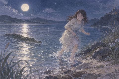夜の水辺でワニから距離を取ろうとする人物