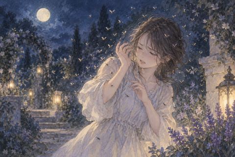 夜の庭で小さな虫の群れから離れる人物