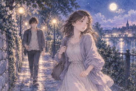 夜の歩道で知り合いらしい人物から距離を取る女性
