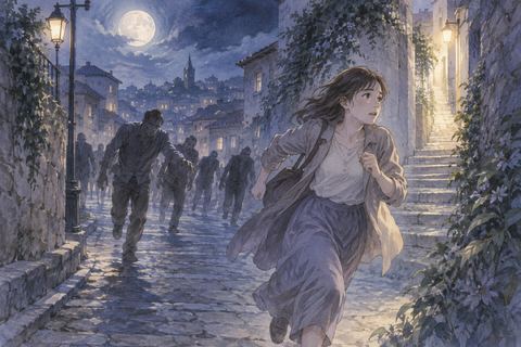 夜の街で複数のゾンビ風の人影から逃げる人物