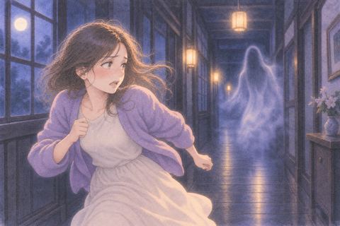 夜の廊下で淡い幽霊のような影から離れる人物