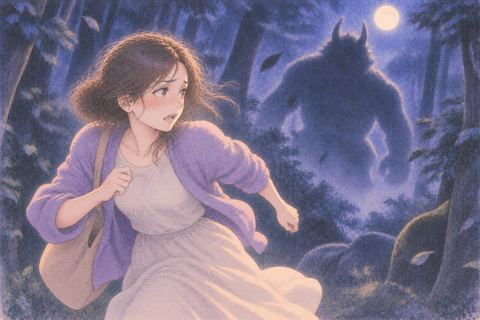 夜の森で鬼のような影から逃げる人物