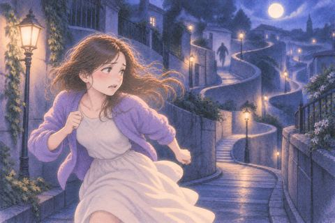終わりの見えない夜道を走り続ける人物