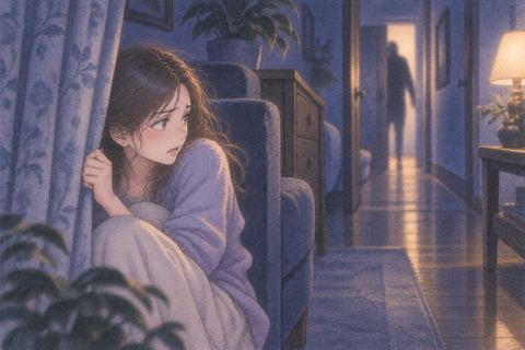 夜の室内で物陰に身を隠して息をひそめる人物
