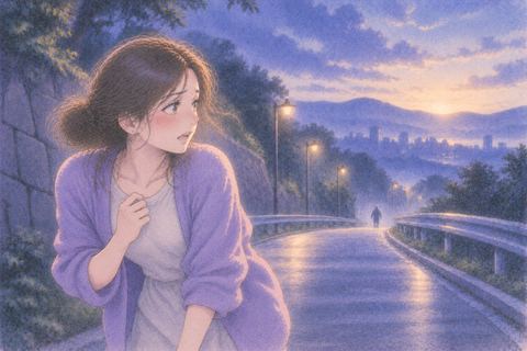 夜明け前の道で遠くを振り返りながら安心する人物