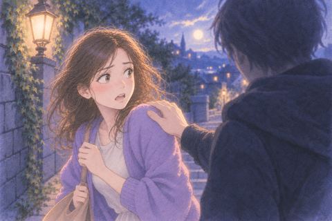 夜道で追ってきた人物に肩へ手を置かれ振り返る人物