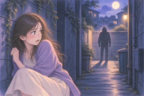 夜の行き止まりで迫る人影を振り返る人物