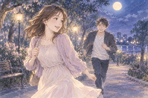 夜の公園で好きな人に追われながら振り返る女性