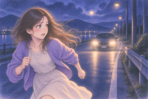 夜道を走る人物の後ろから車のライトが近づく場面