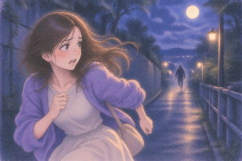 夜道を必死に走りながら後ろを振り返る人物
