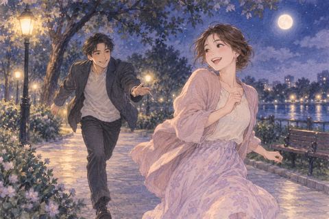 夜の公園で笑顔のまま軽く追いかけっこをする二人