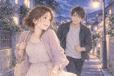 夜道で恋人を振り返りながら少し距離を取る女性