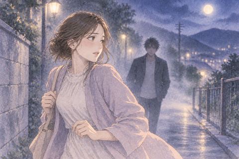 夜の道で昔の恋人らしい男性を振り返る女性