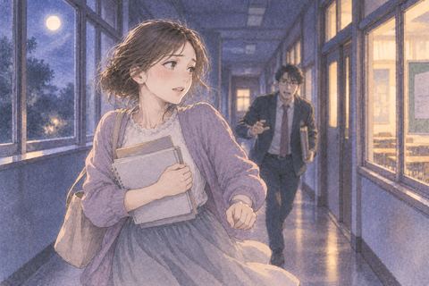 夜の学校の廊下で先生から離れようと急ぐ人物
