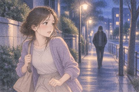 夜道で距離を保とうとする女性と遠くの不審な人影