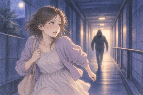 夜の通路で暗い人影から逃げる人物