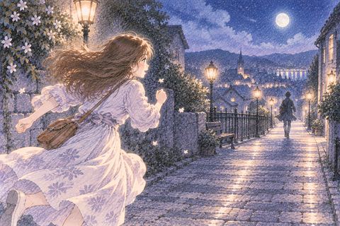 夜の道を前方へ走って追う人物