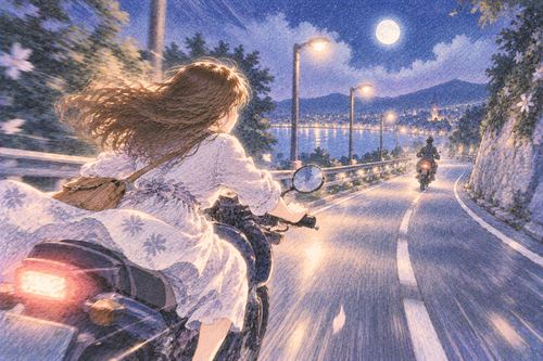 夜道をバイクで前方へ進む人物