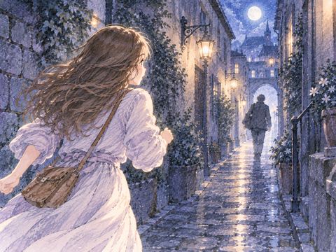 夜の路地で逃げる人影を追う人物