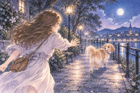 振り返る犬を楽しそうに追う人物