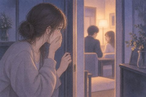 半開きの扉の向こうにパートナーと別の人物を見つけ、息をのむ女性