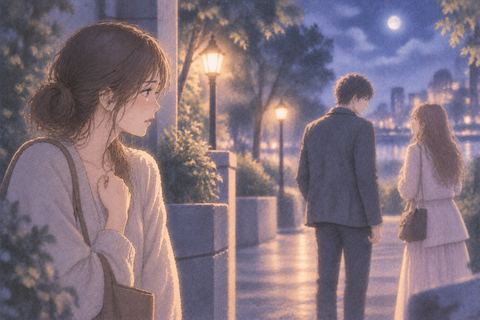 別の人物に近づきかけたパートナーが立ち止まり、少し離れて見守る女性