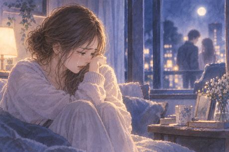 夜の窓辺で静かに涙を流す女性と、遠くにぼやける恋人の影