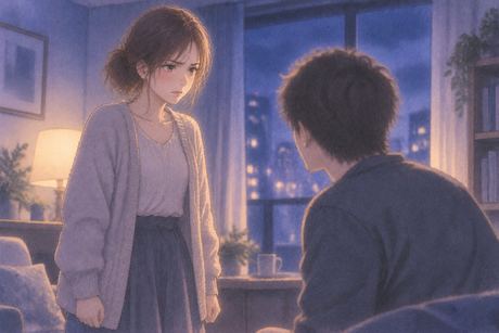 夜の室内でパートナーに向き合い、怒りをこらえながら毅然と立つ女性
